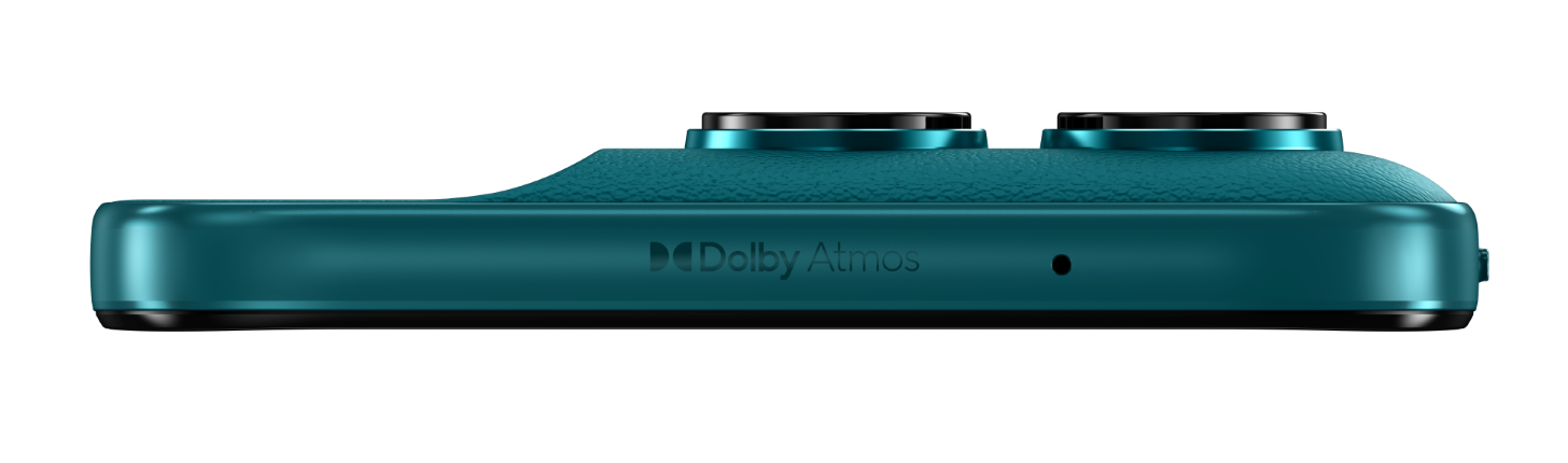 Bok smartfona w kolorze zielononiebieskim z logo Dolby Atmos i obiektywami.