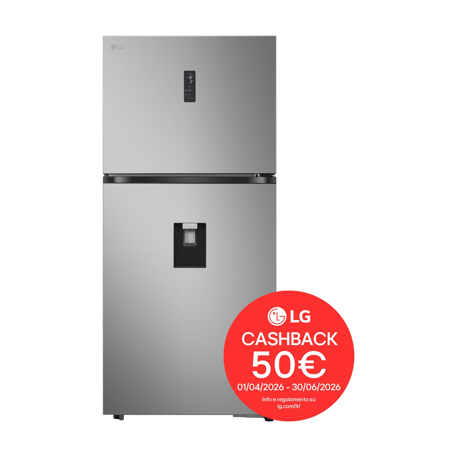 Frigorifero LG argento con congelatore in alto e dispenser acqua.