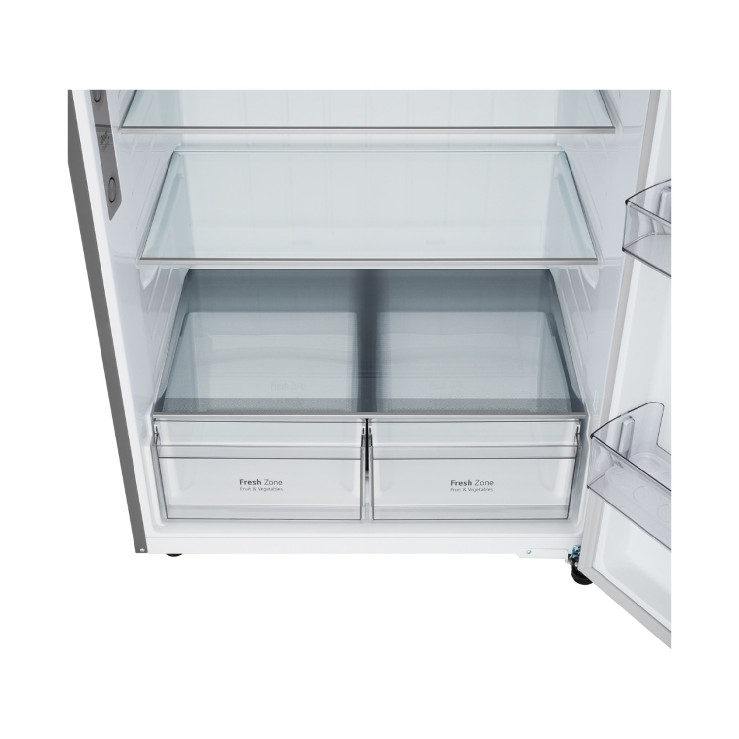 Interno di un frigorifero con ripiani in vetro e due cassetti Fresh Zone per frutta e verdura.