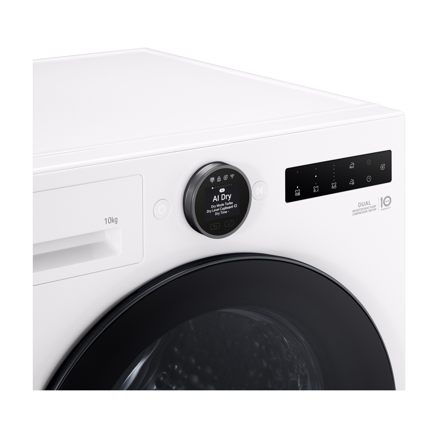 Lavatrice bianca con display digitale che mostra "AI Dry".