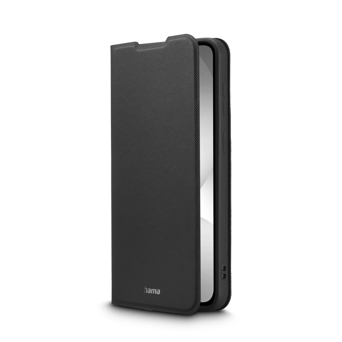 Schwarzes Flip-Case für ein Smartphone, teilweise geöffnet, mit Hama-Logo.