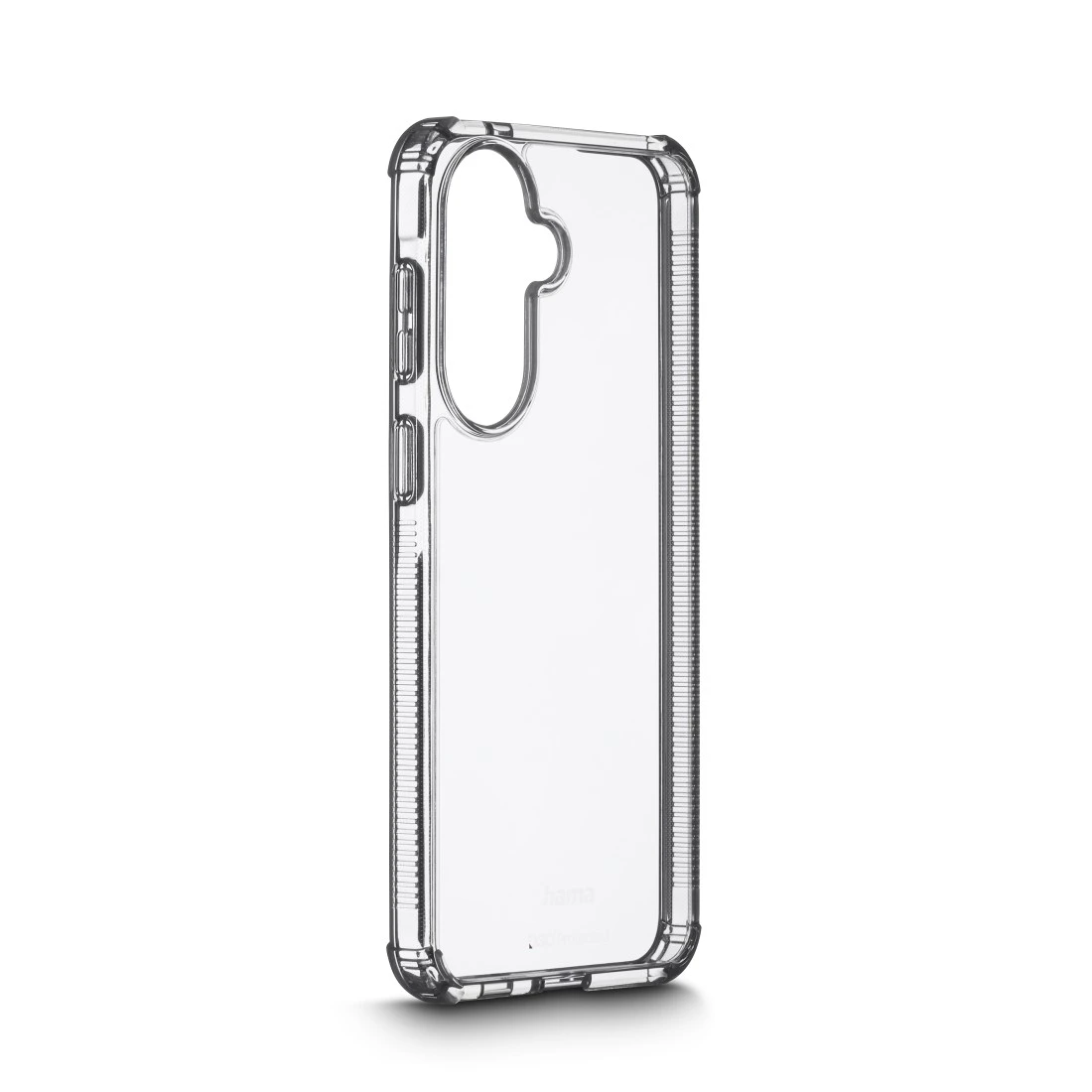 Transparente Handyhülle mit Aussparung für Kamera und Tasten, auf weißem Hintergrund.