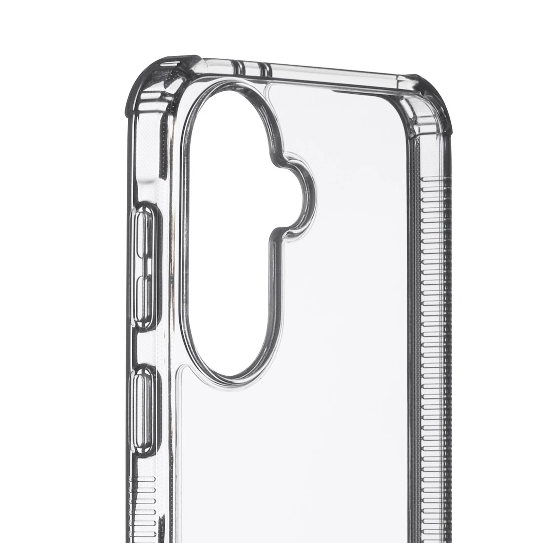 Transparente Handyhülle mit Ausschnitten für Kamera und Tasten.