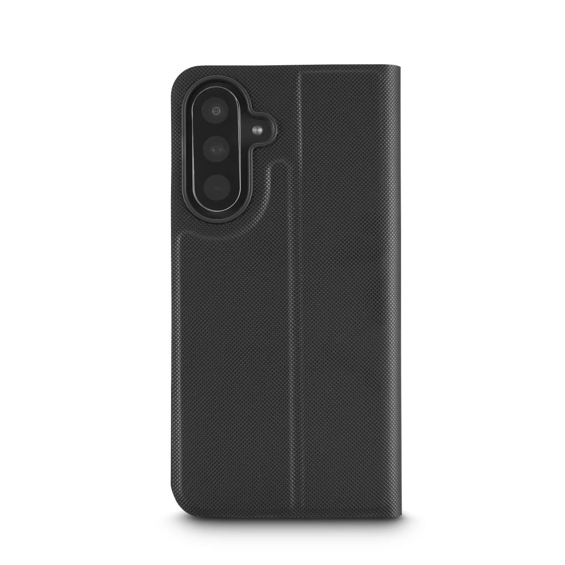 Ein schwarzes Handy-Flipcase mit einer Kameraaussparung auf der linken Seite.