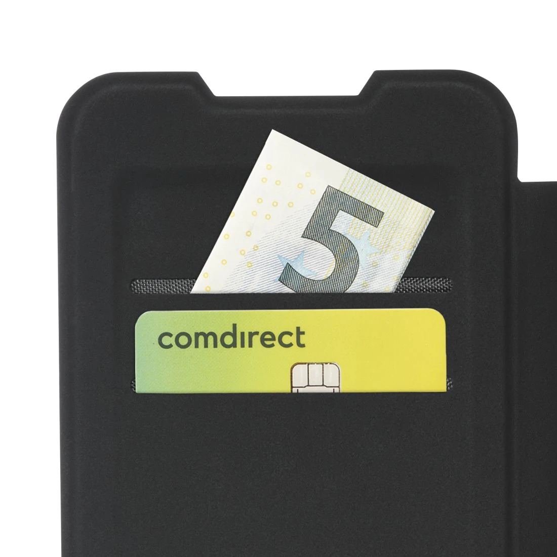 Eine schwarze Brieftaschenhülle enthält einen 5-Euro-Schein und eine comdirect-Bankkarte.