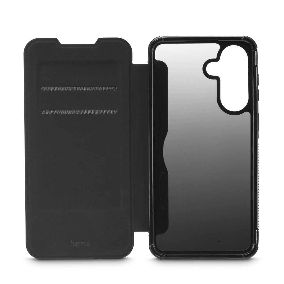 Eine schwarze Flip-Handyhülle mit Kartenfächern und klarer Rückseite ist abgebildet.