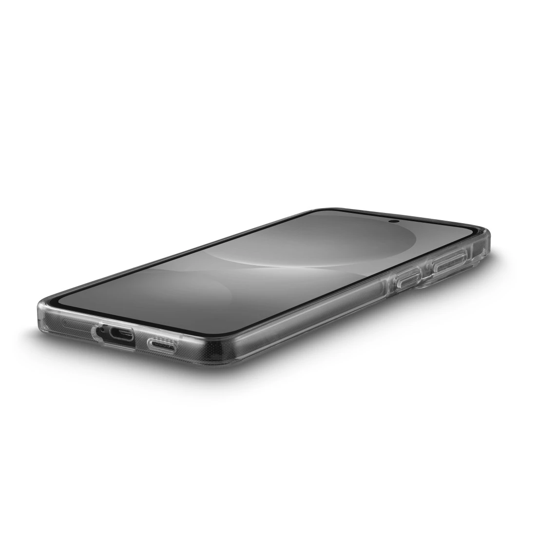Ein durchsichtiges Smartphone mit einem dunklen Bildschirm auf weißem Hintergrund.
