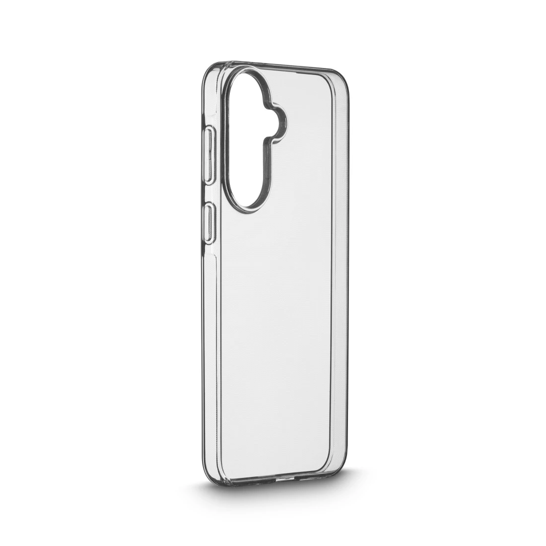 Transparente Handyhülle mit Ausschnitten für Kamera und Tasten.