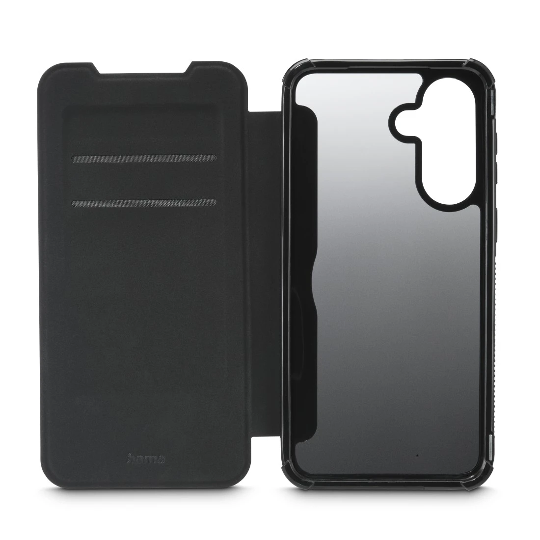 Ein schwarzes Flip-Case für ein Smartphone, geöffnet, auf weißem Hintergrund.