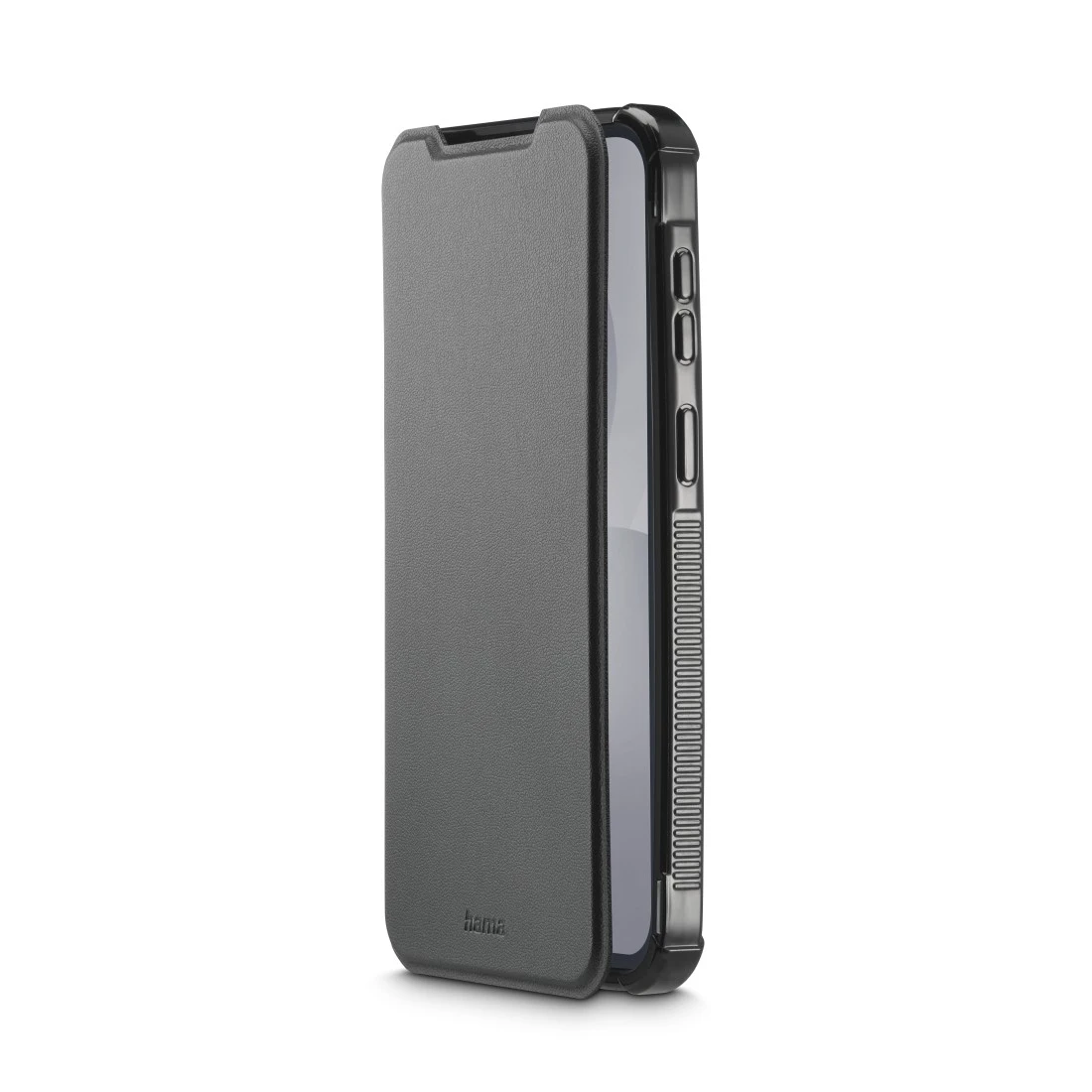 Graues Handy-Flip-Case mit Hama-Logo, Seitenansicht.
