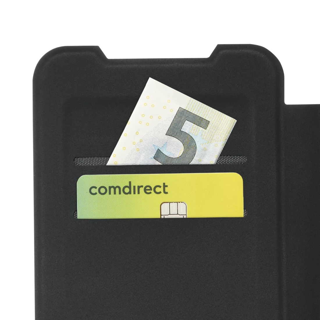 Schwarze Hülle mit einer 5-Euro-Note und einer Comdirect-Karte.