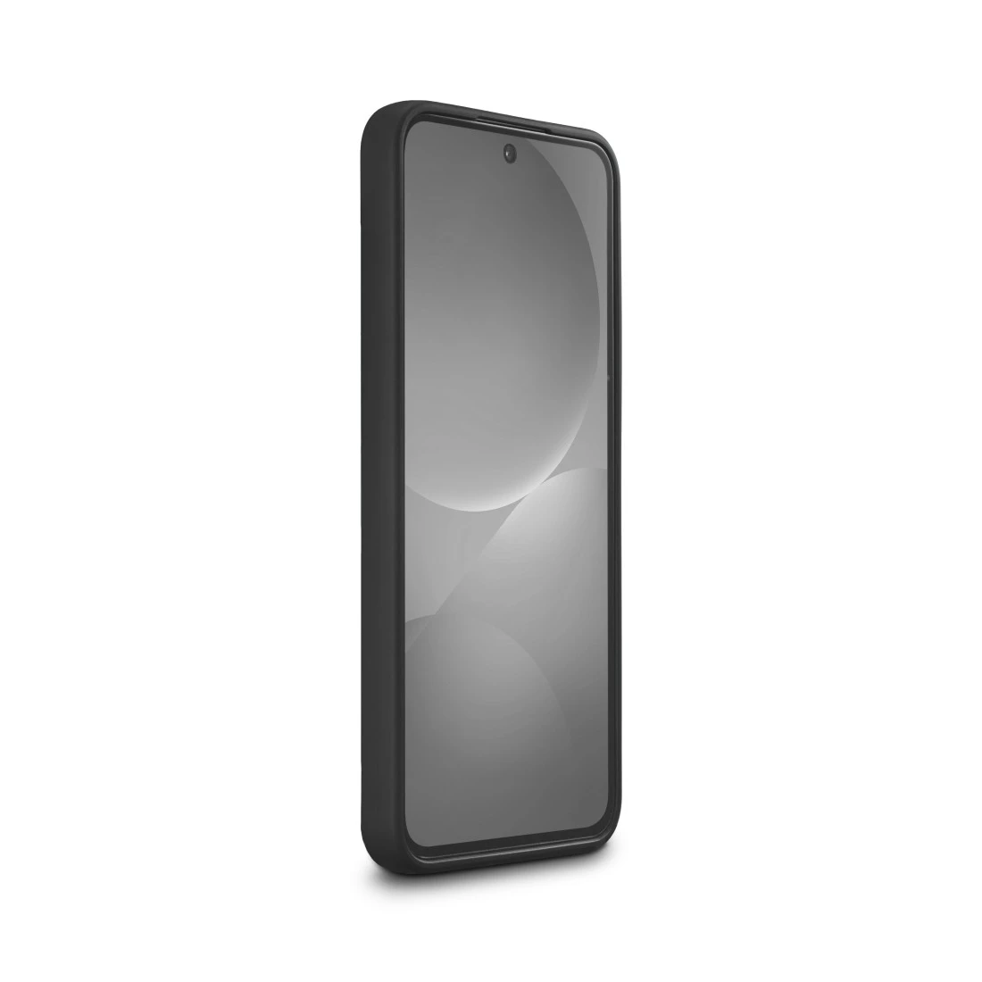 Ein schwarzes Smartphone mit einem dunklen Gehäuse auf weißem Hintergrund.