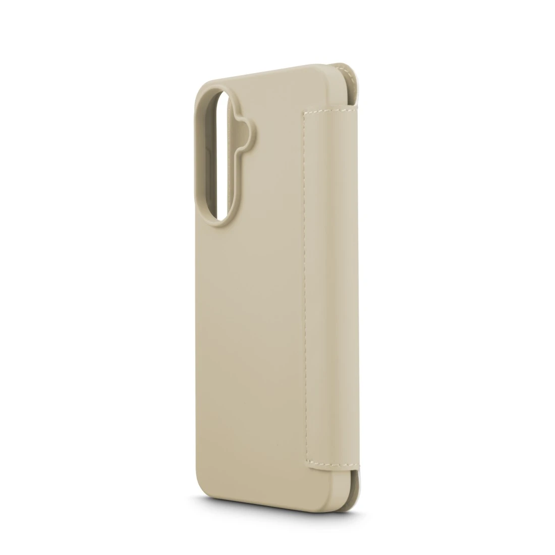Eine beige Handyhülle aus Leder mit einer Aussparung für die Kamera.