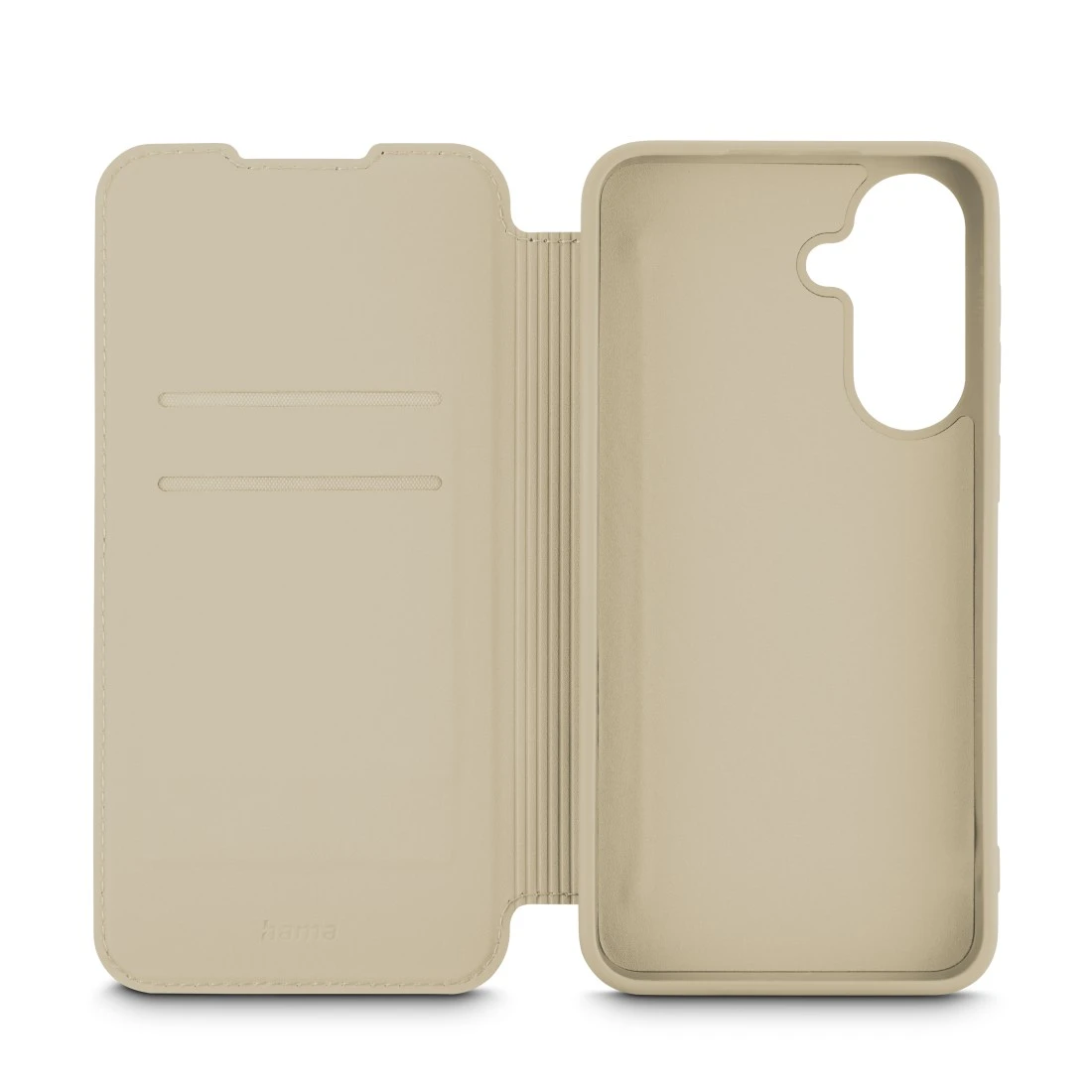 Eine beige Handyhülle im geöffneten Zustand mit Kartenfächern und Kameraaussparung.