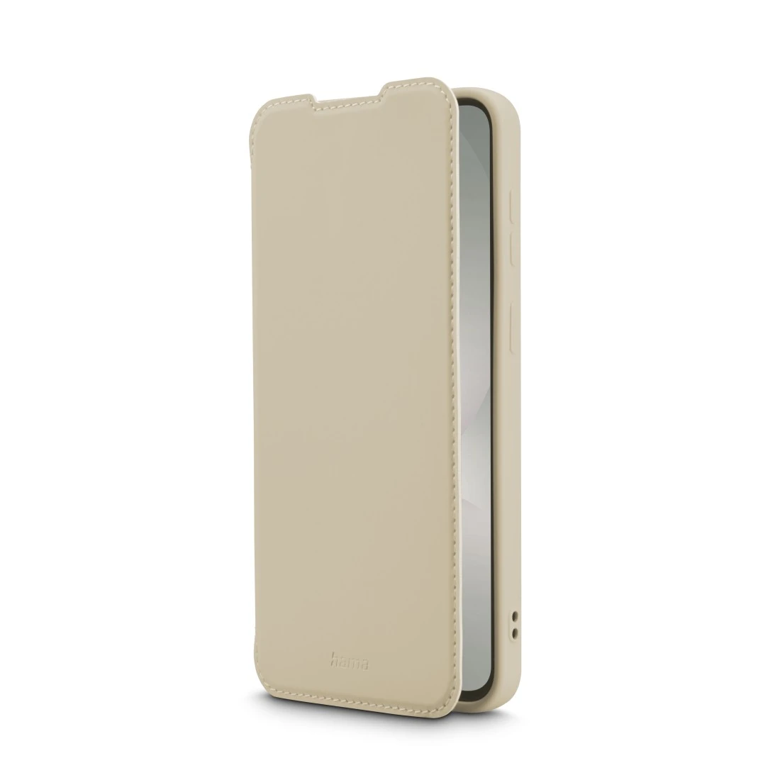 Beiges Handycover mit Klappe und Nähten, das ein Smartphone umschließt.