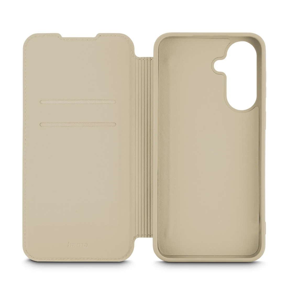 Beige Handyhülle mit Kartenschlitzen und Kameraaussparung.