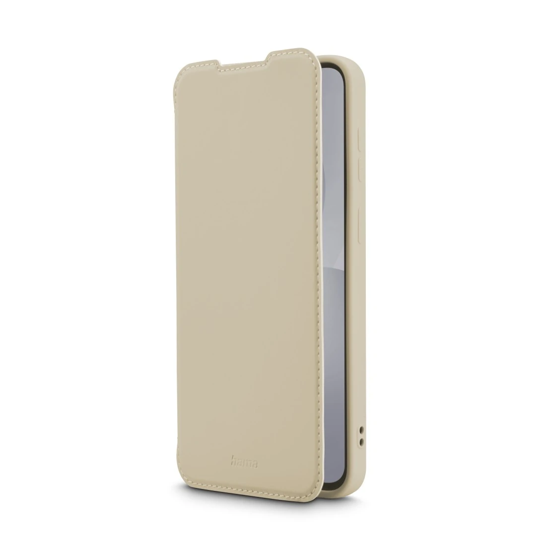 Beige Handyhülle mit Klappdeckel, auf weißem Hintergrund.