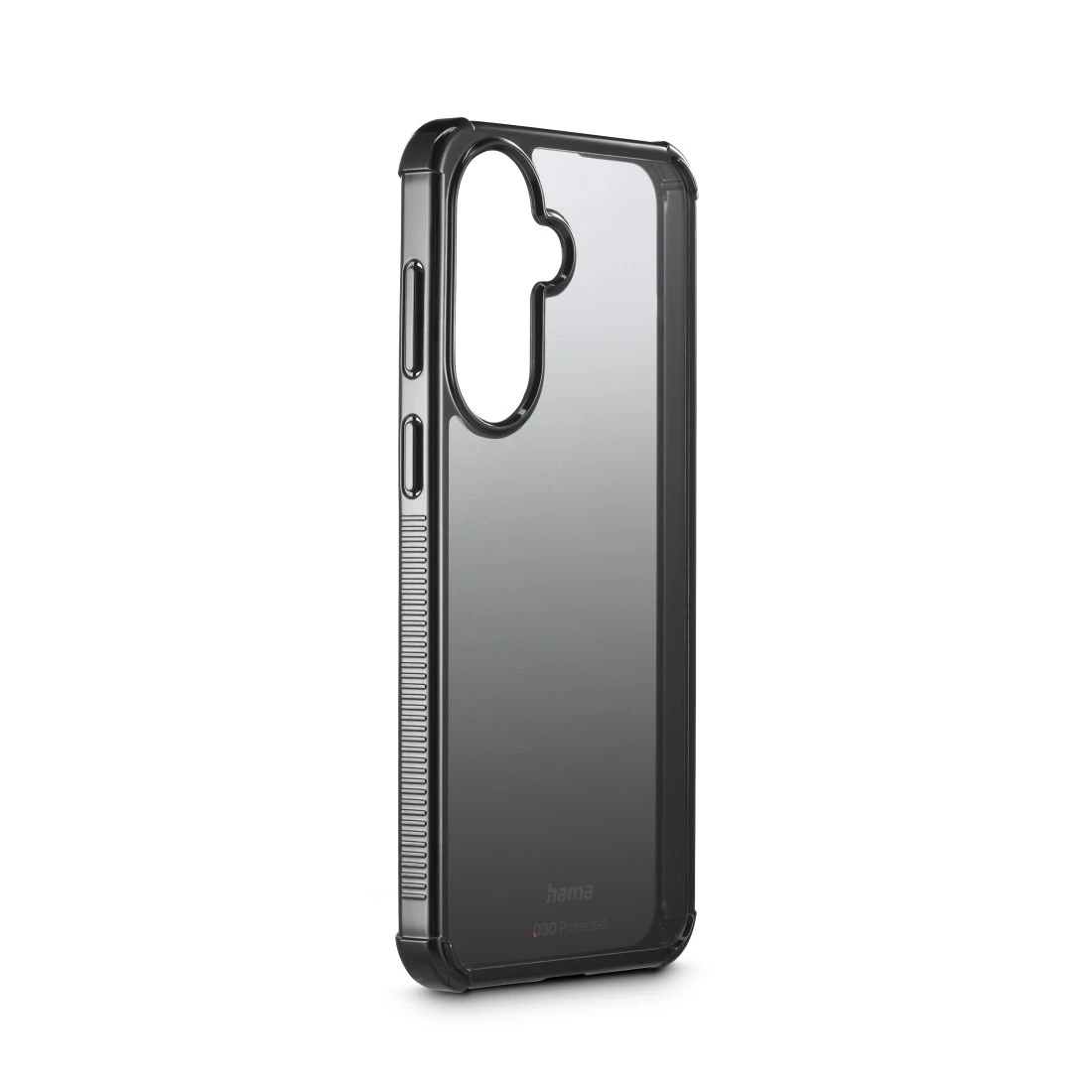 Transparente schwarze Handyhülle mit Aussparung für Kamera und Knöpfe.