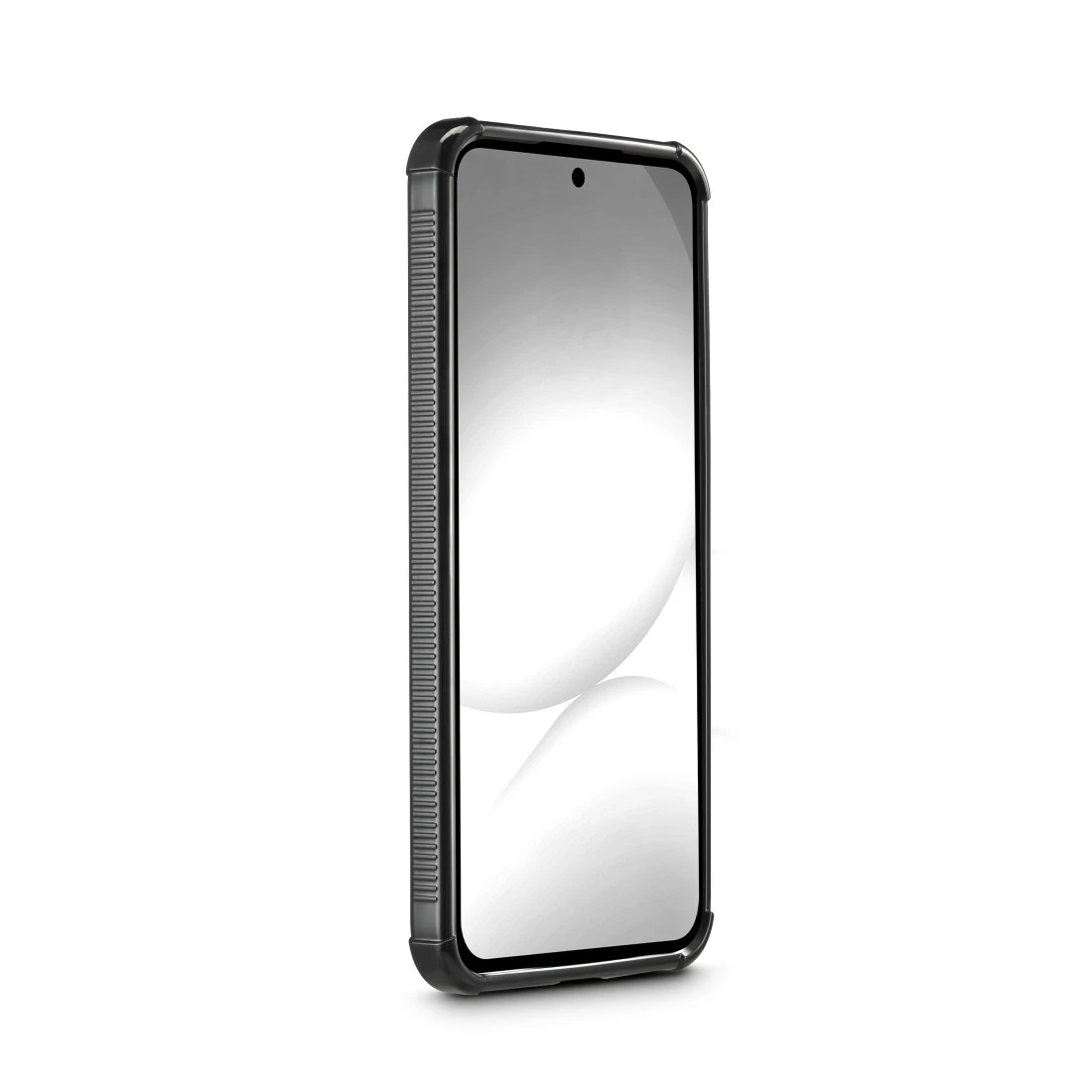 Ein schwarzes Smartphone mit einem robusten Gehäuse, das auf weißem Hintergrund steht.