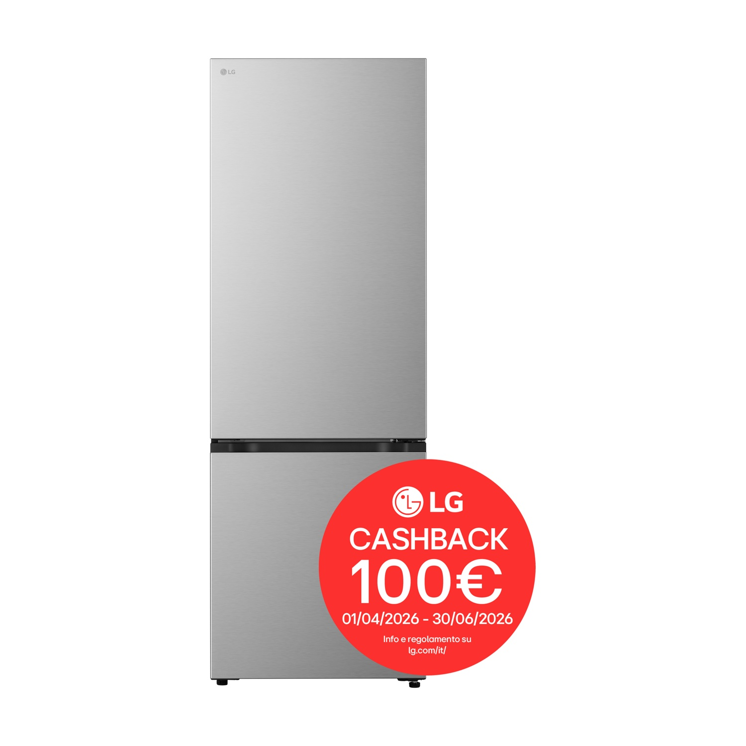 Frigorifero LG argento con cerchio rosso per cashback di 100€.