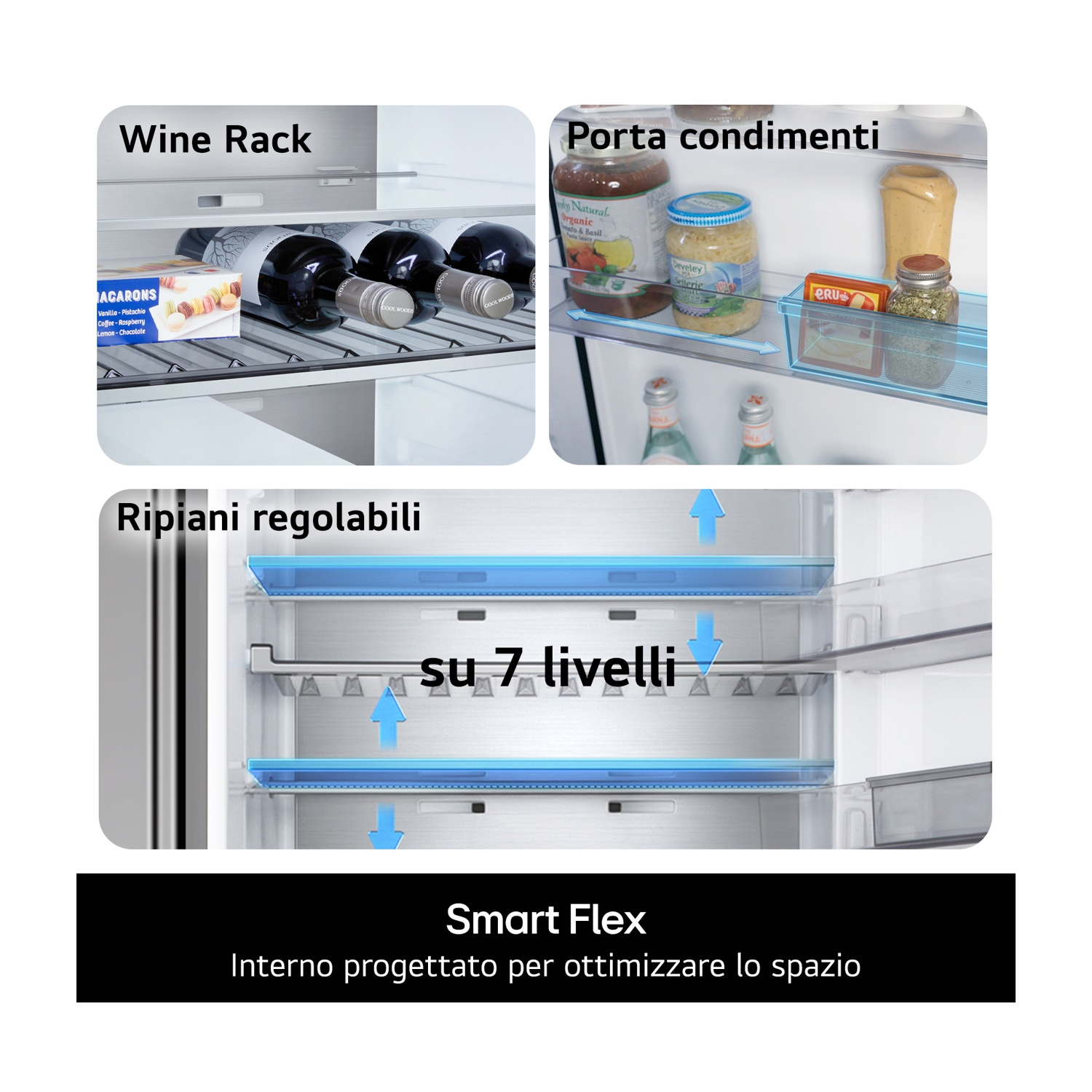 Cantinetta, porta condimenti, ripiani regolabili su 7 livelli, Smart Flex.