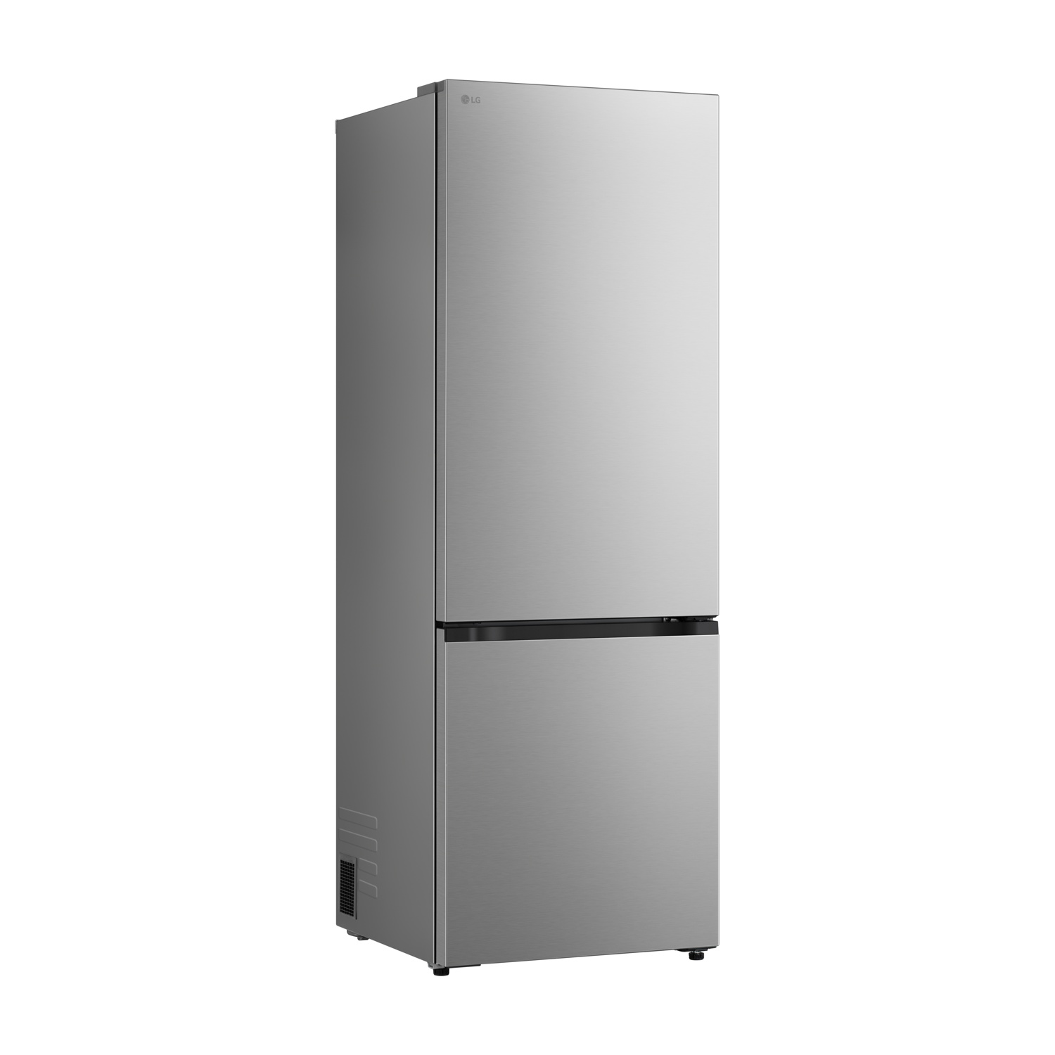 Un frigorifero LG argentato ed elegante a due porte su sfondo bianco.