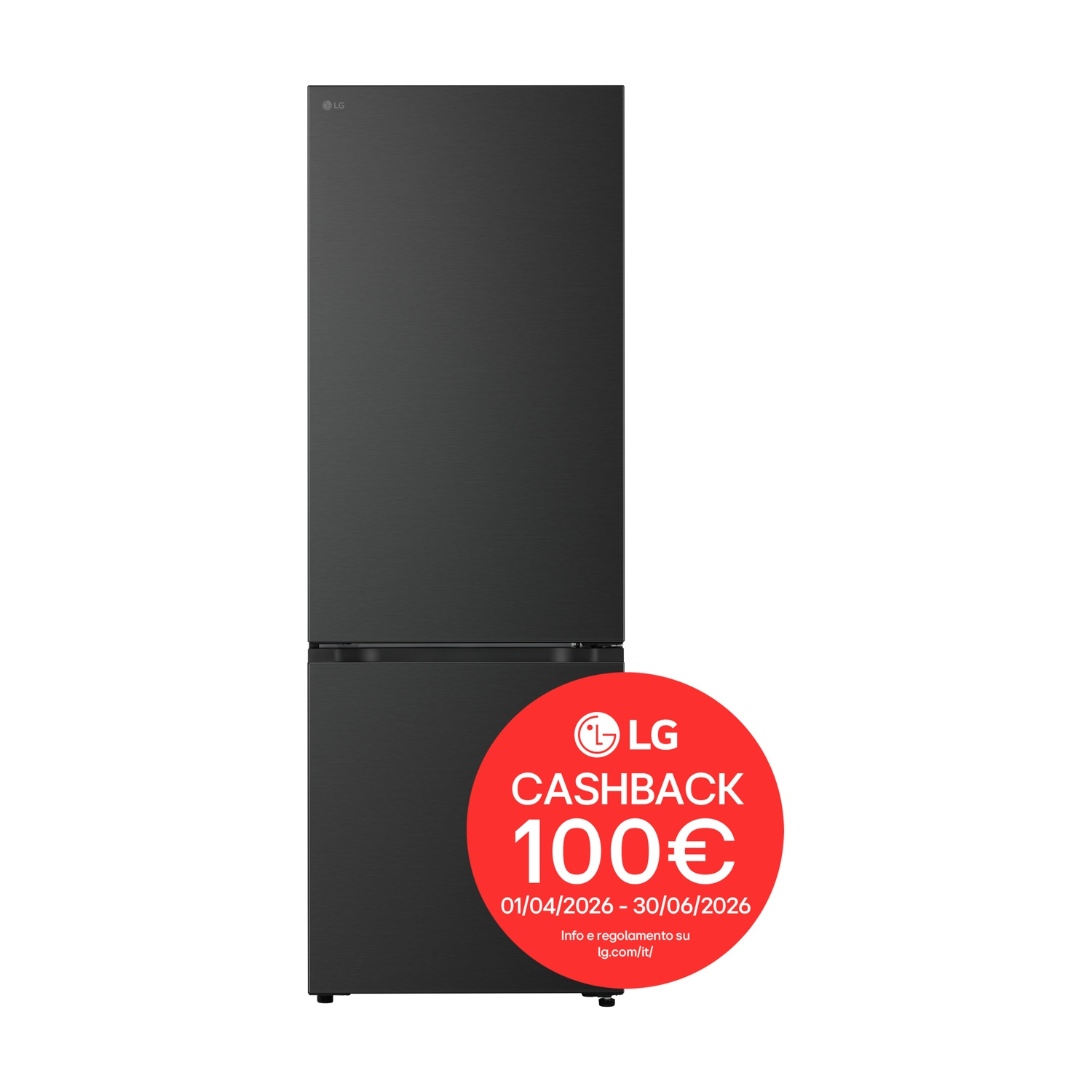 Frigorifero LG nero con cerchio rosso '100€ Cashback' a destra.