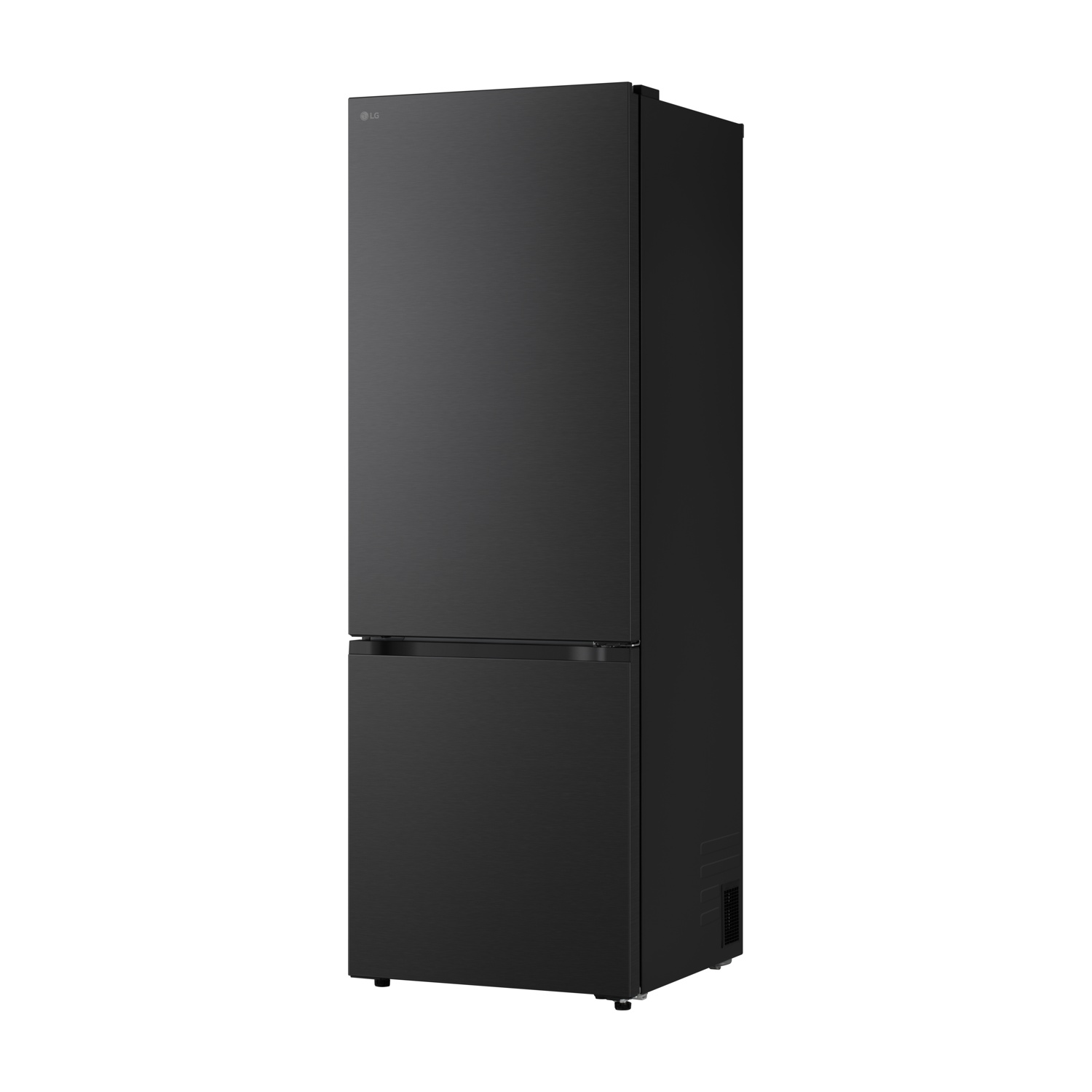 Un elegante frigorifero nero LG a due porte si trova isolato su sfondo bianco.
