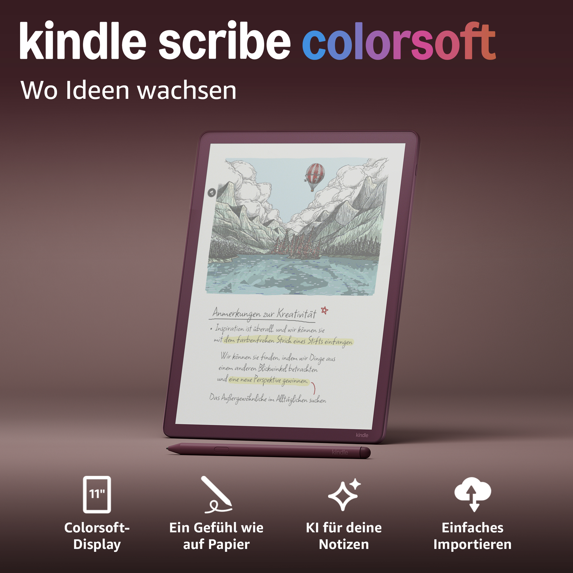 Kindle Scribe mit Notizstift und einer Berglandschaftszeichnung.