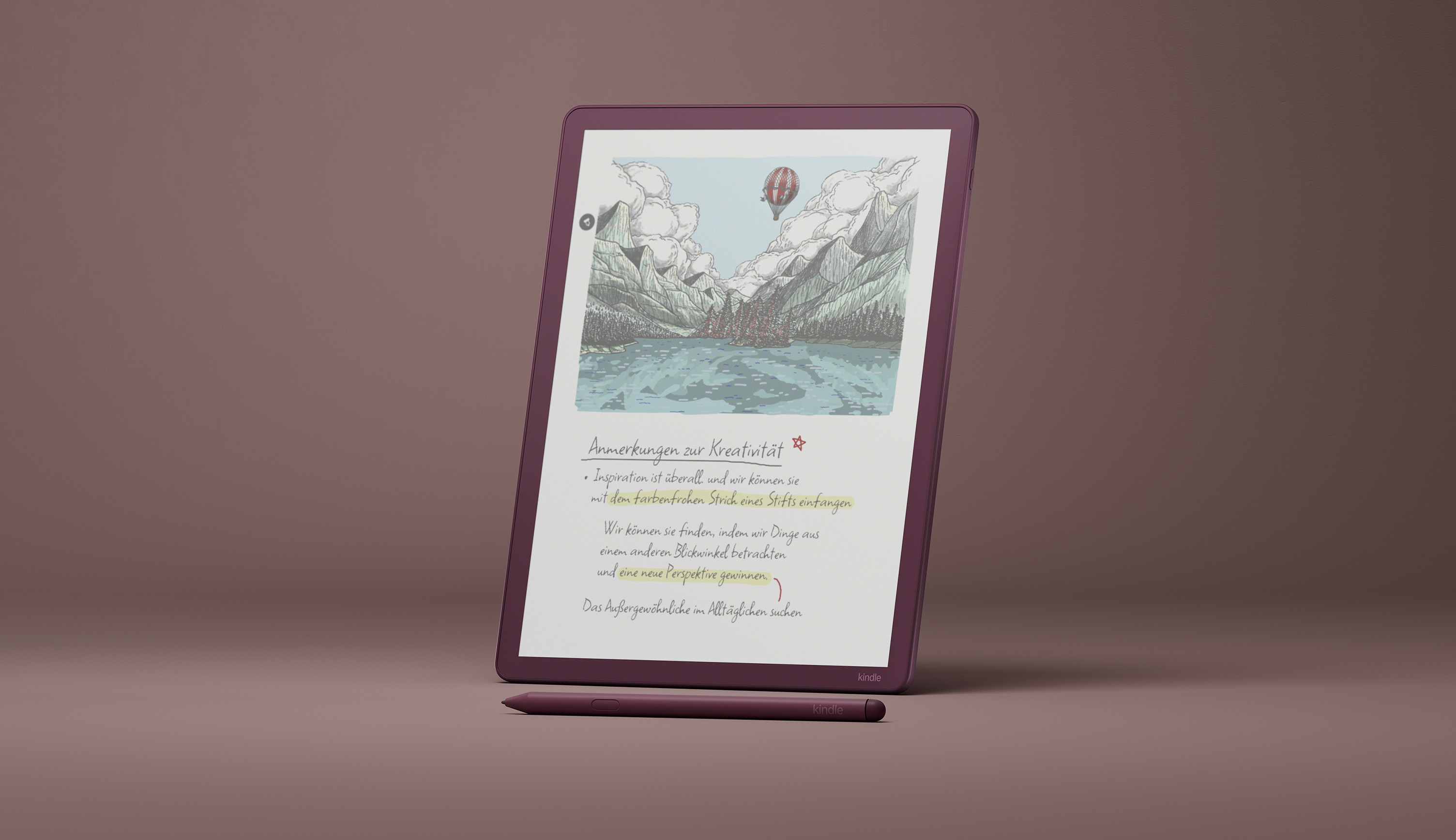 Lila E-Reader mit Stift, zeigt eine Berglandschaft mit Heißluftballon und Text.