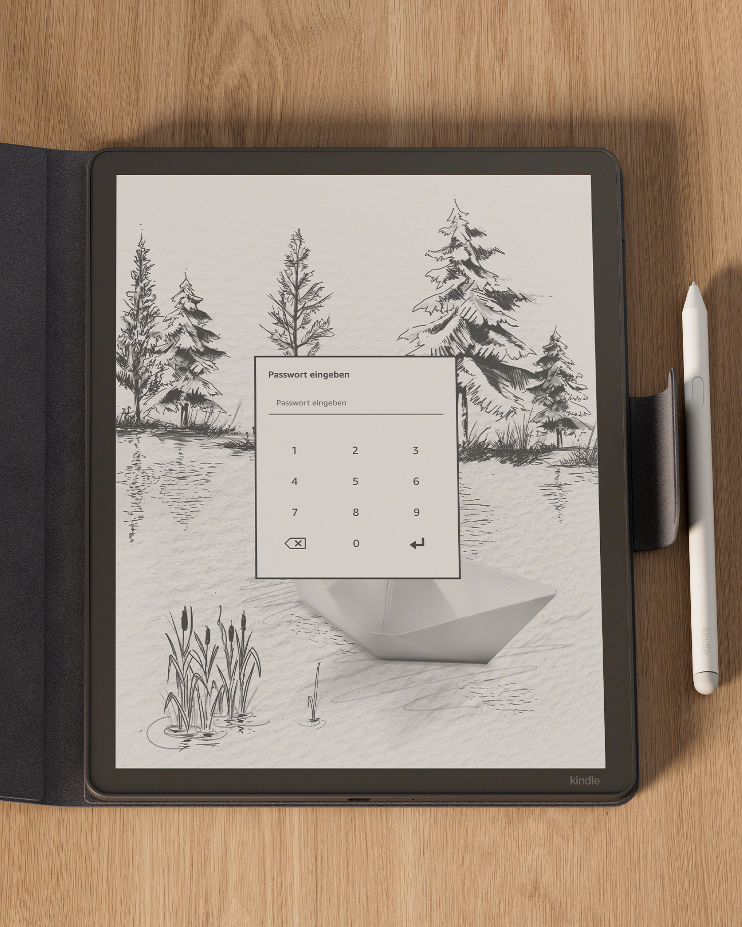Ein E-Reader mit einer Bleistiftzeichnung von Bäumen und Wasser, der zur Eingabe eines Passworts auffordert.