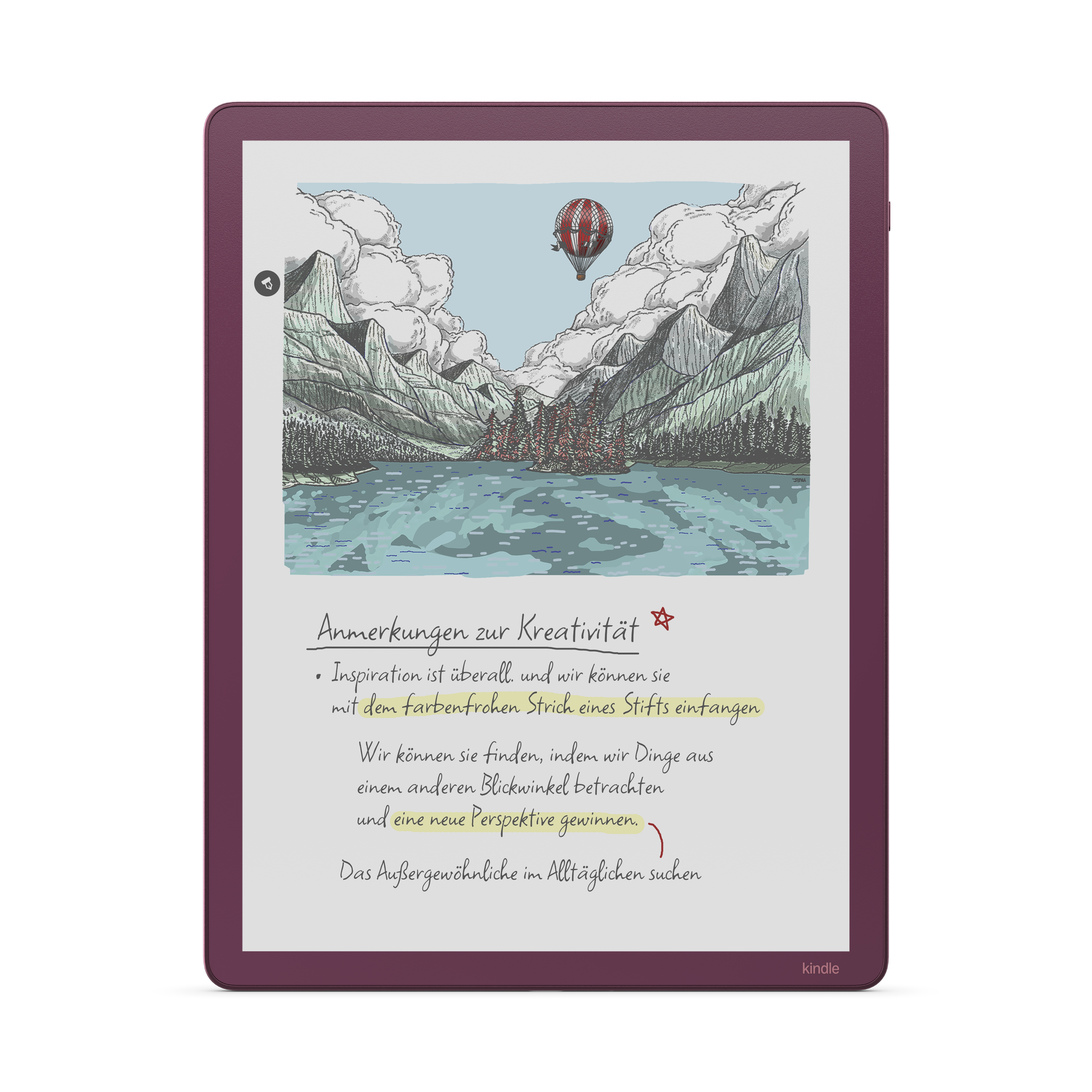 Ein E-Reader zeigt eine Illustration von Bergen, einem See, einem Ballon und Text über Kreativität.