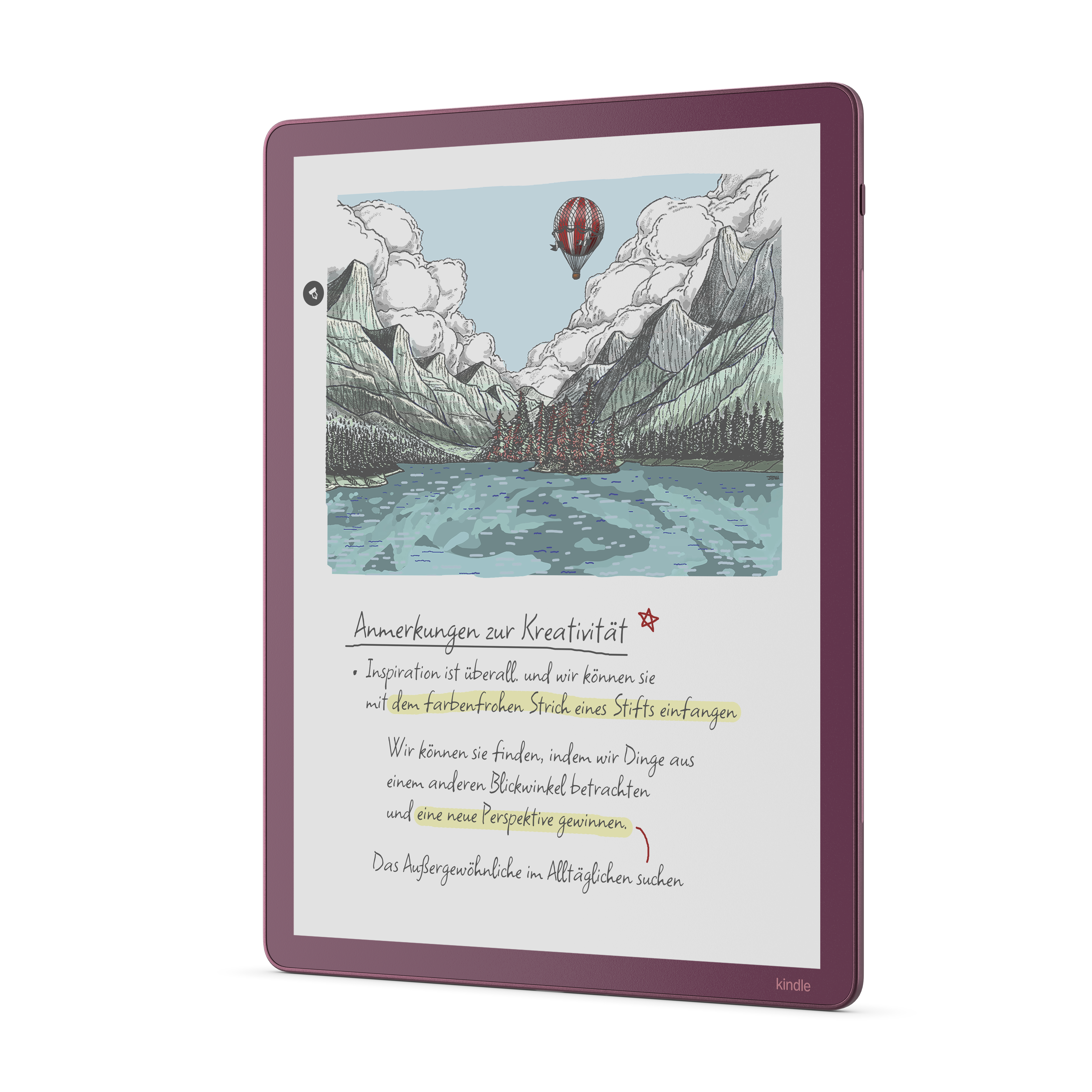 Ein E-Reader zeigt eine Zeichnung von Bergen, einem See, einem Ballon und Text.