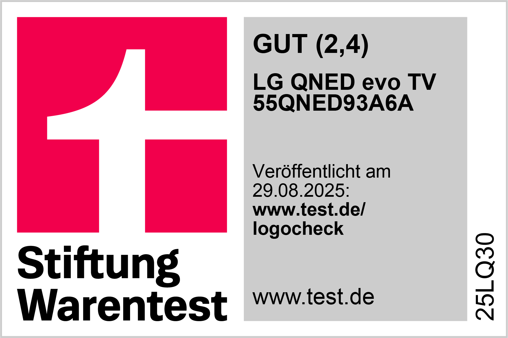 Stiftung Warentest Siegel: LG QNED evo TV 55QNED93A6A, GUT (2,4).