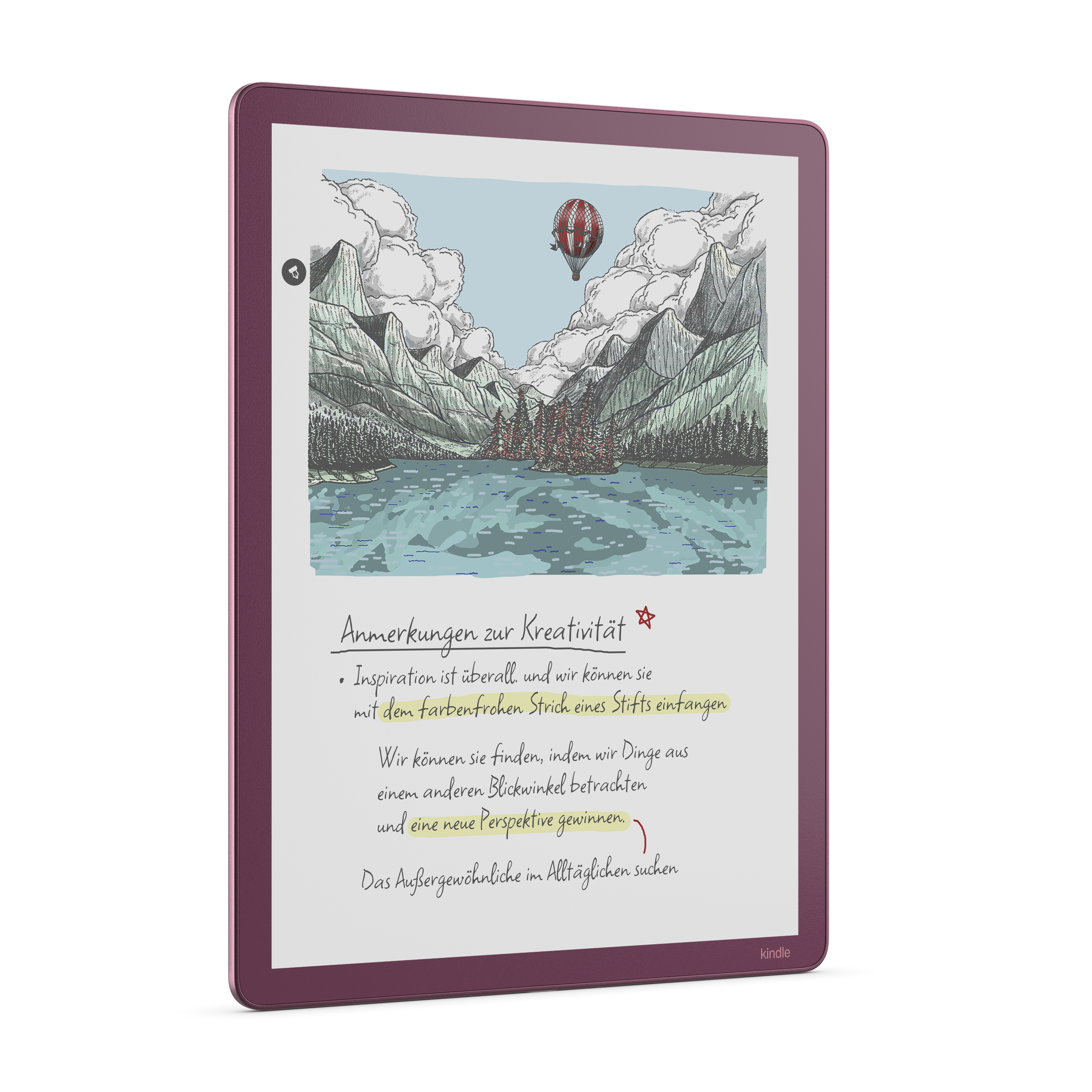 Ein E-Reader zeigt eine Berglandschaft mit See, Heißluftballon & Notizen.