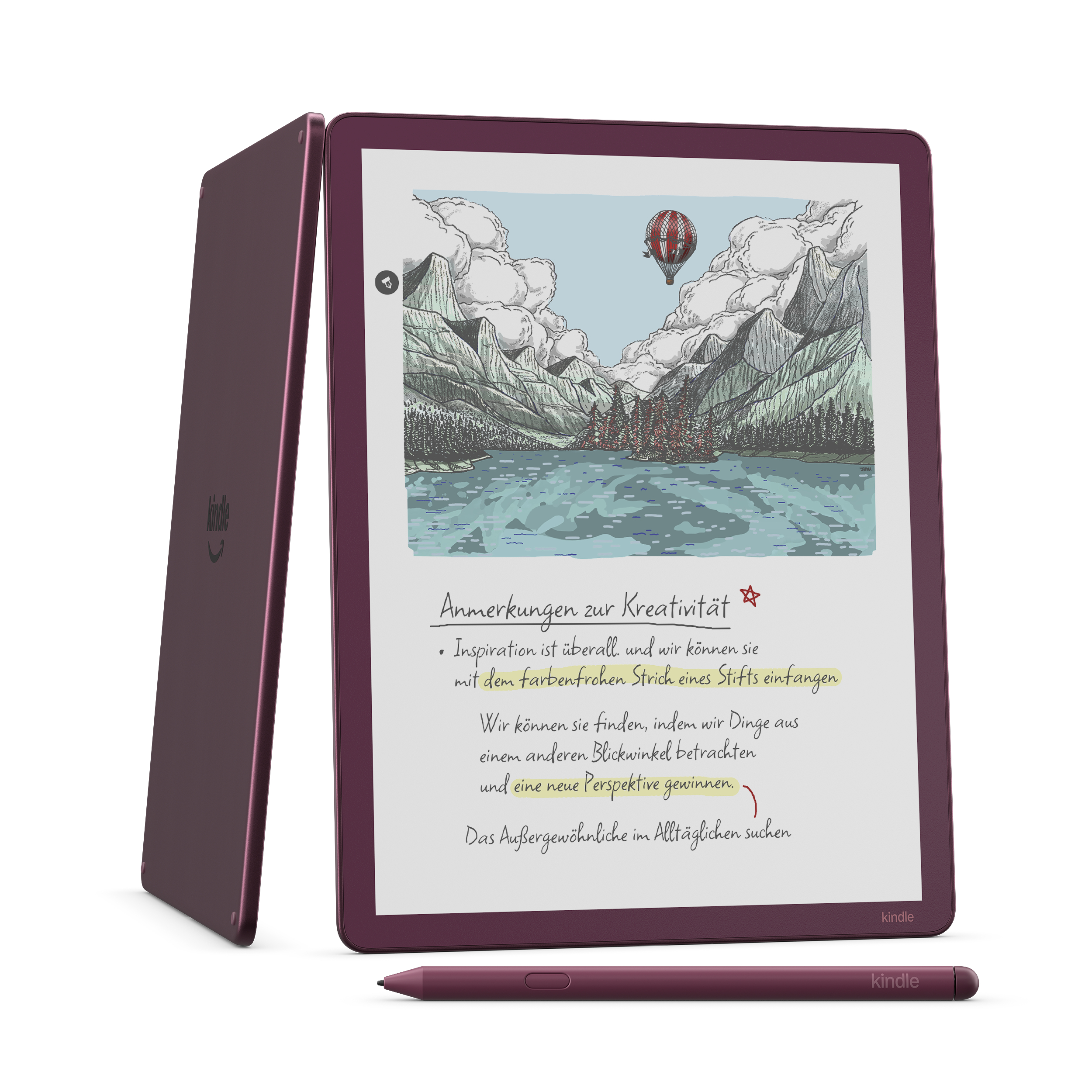Lila Kindle mit Stift und einer Zeichnung von Bergen, See und Heißluftballon.
