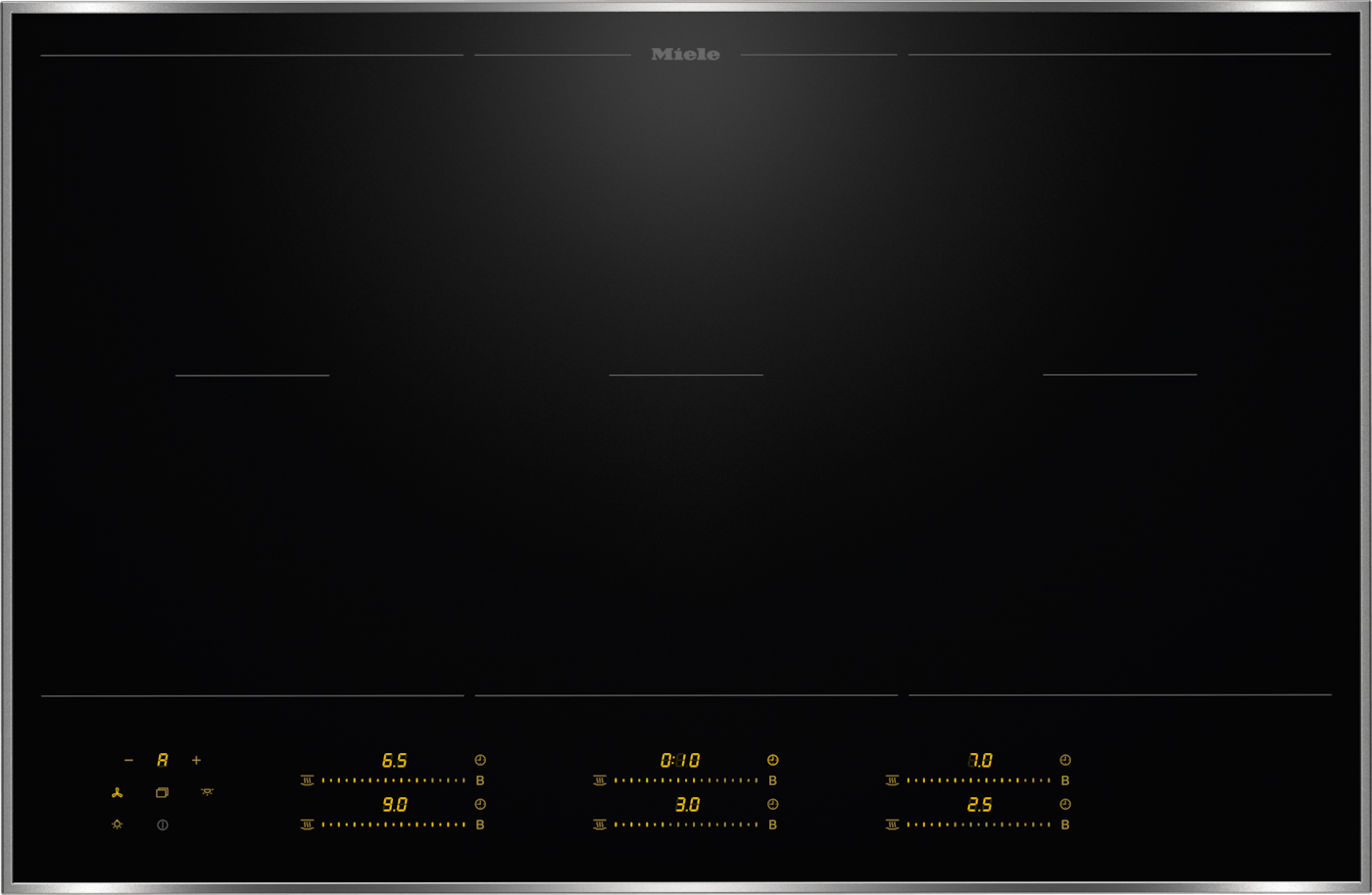 Ein schwarzes Miele Induktionskochfeld mit digitalen Anzeigen.