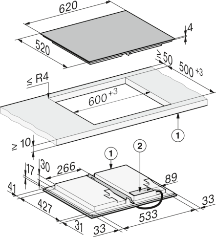Diagramm zeigt Abmessungen für den Einbau eines Induktionskochfelds in eine Arbeitsplatte.