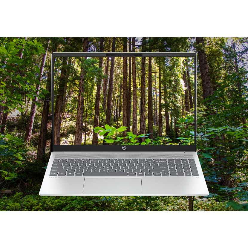 Srebrny laptop wyświetla leśną scenę na ekranie, z leśnym tłem.