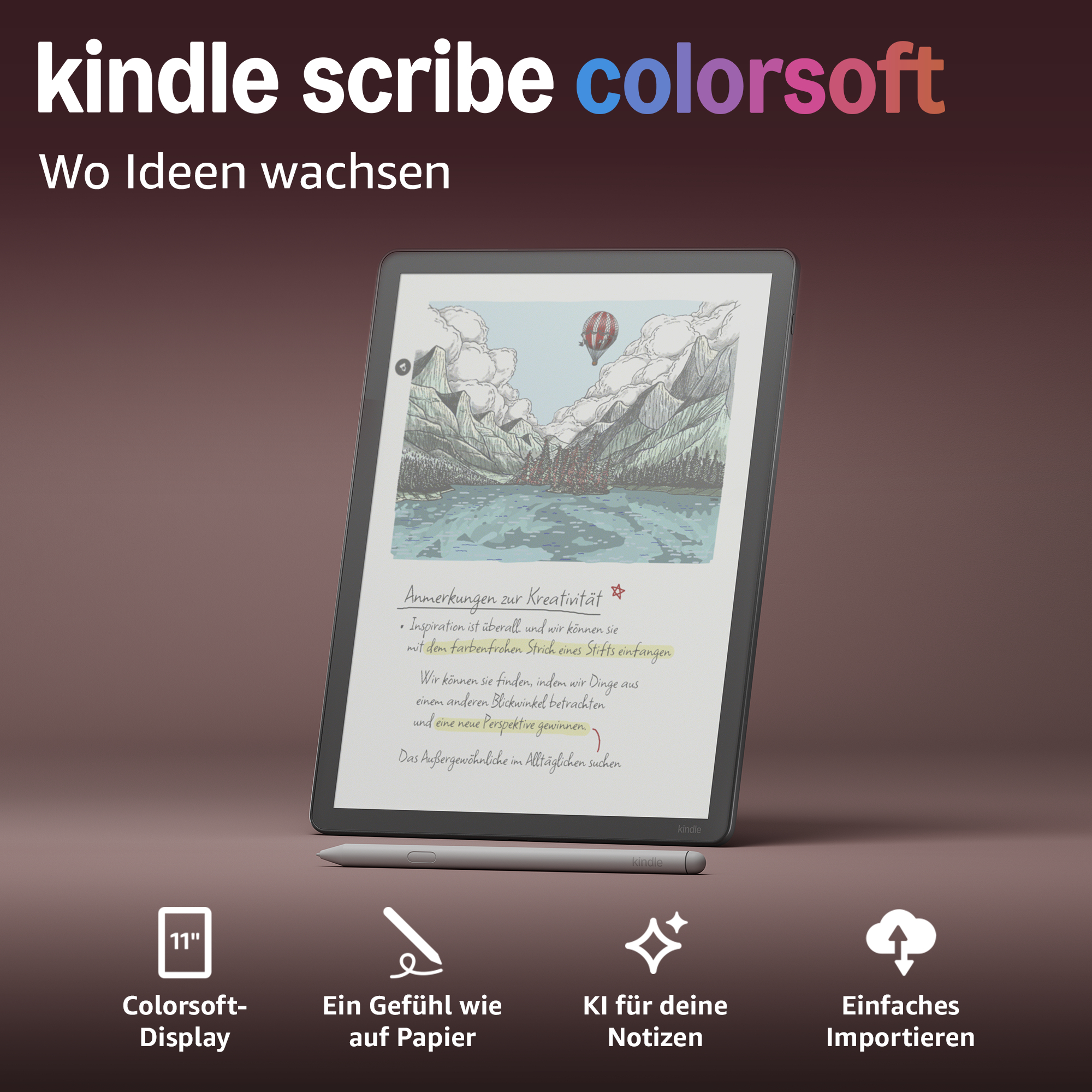Kindle Scribe mit 11-Zoll-Colorsoft-Display, Stift und Notizen.