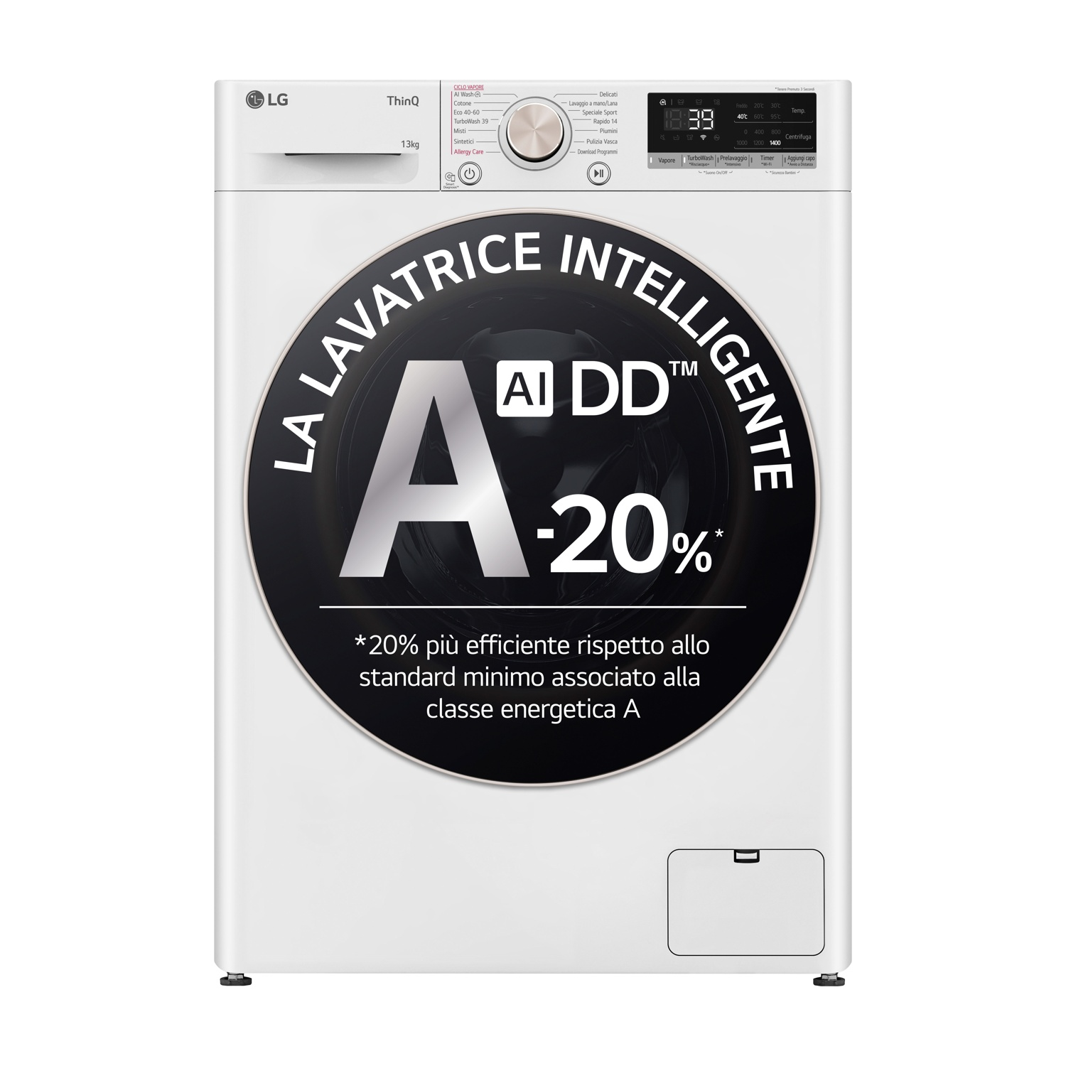 Lavatrice LG bianca con display digitale e logo di efficienza energetica.