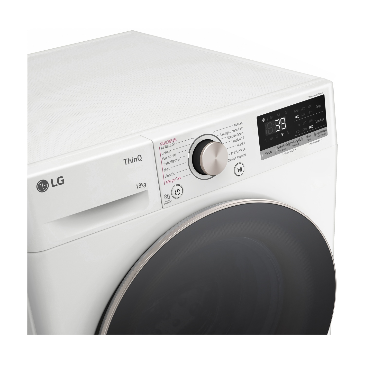 Lavatrice LG bianca con display digitale e selettore programmi.