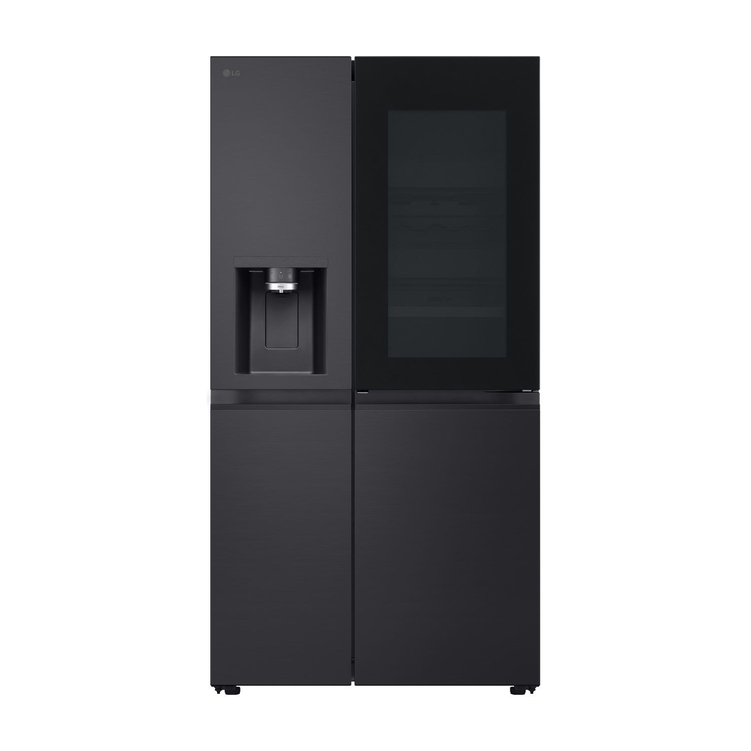 Un frigorifero nero LG a quattro porte con dispenser d'acqua.