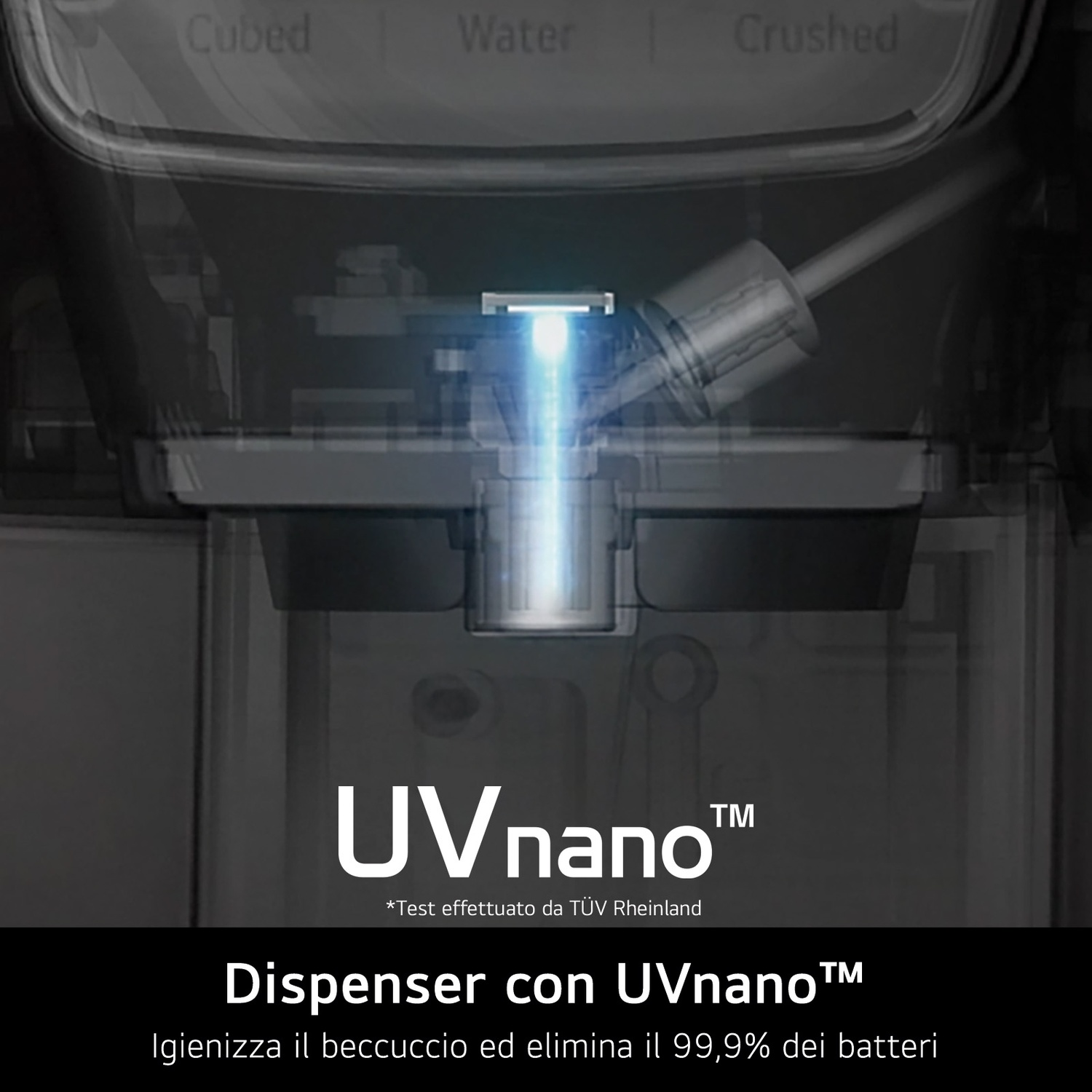Dispenser con tecnologia UVnano che igienizza ed elimina il 99.9% dei batteri.