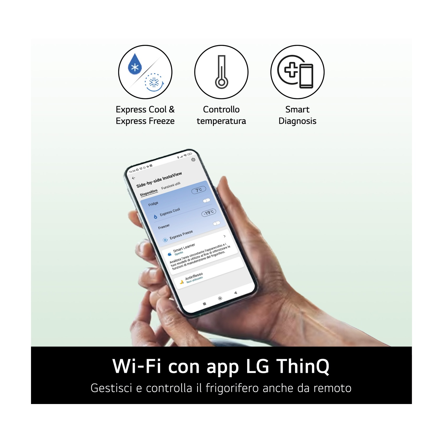 Una mano tiene uno smartphone con l'app LG ThinQ. Icone per raffreddamento, temperatura, diagnosi.