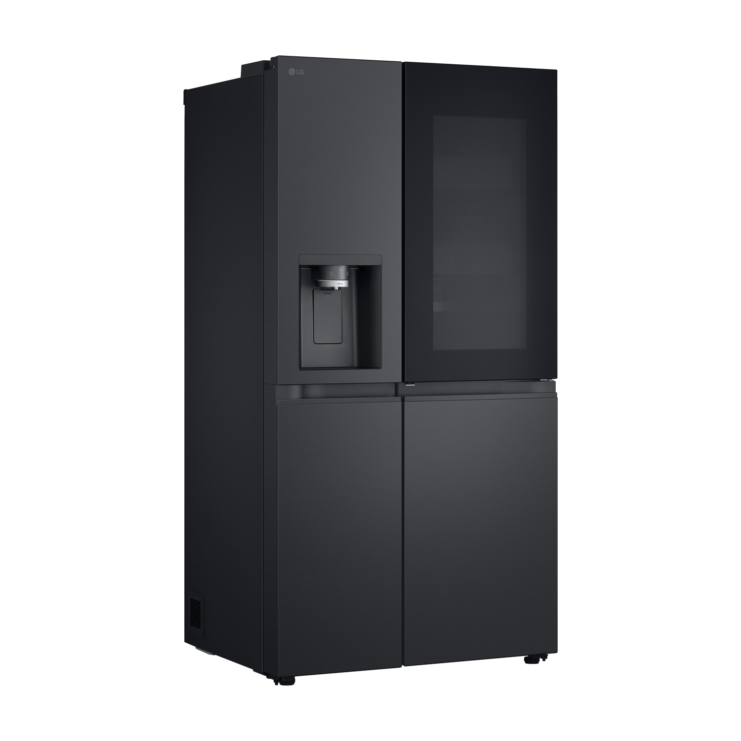 Frigorifero LG nero a quattro porte con dispenser d'acqua.