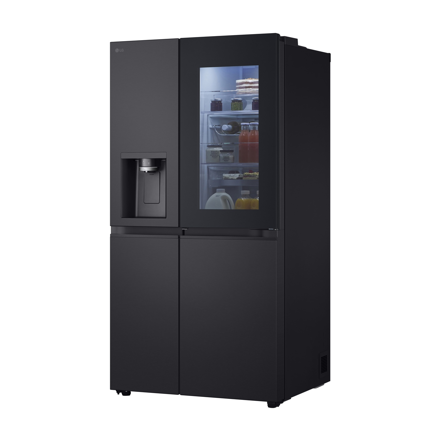 Frigorifero LG nero con porta a vetro e dispenser d'acqua.