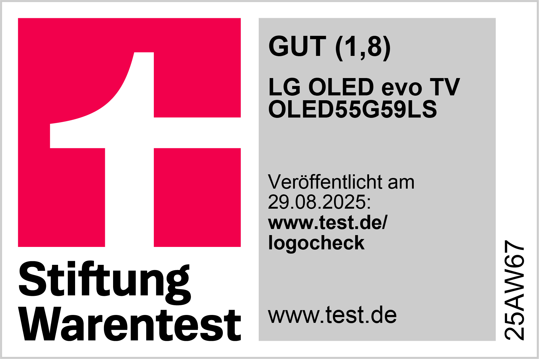 Stiftung Warentest Siegel: LG OLED evo TV, gut (1,8), veröffentlicht 29.08.2025.