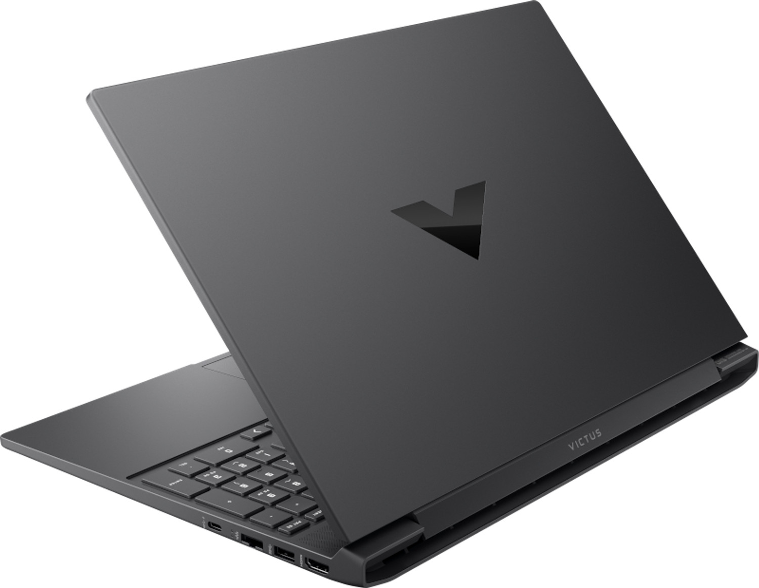 Zamknięty, ciemny laptop z logo V na pokrywie.