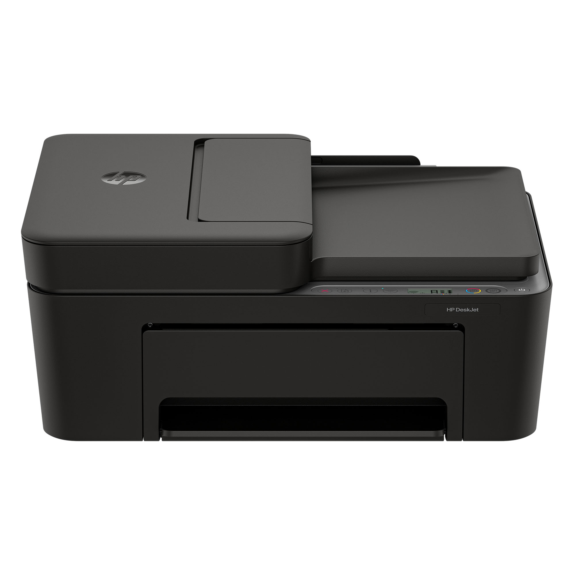 Une imprimante HP DeskJet noire avec couvercle de scanner est présentée sur fond blanc.